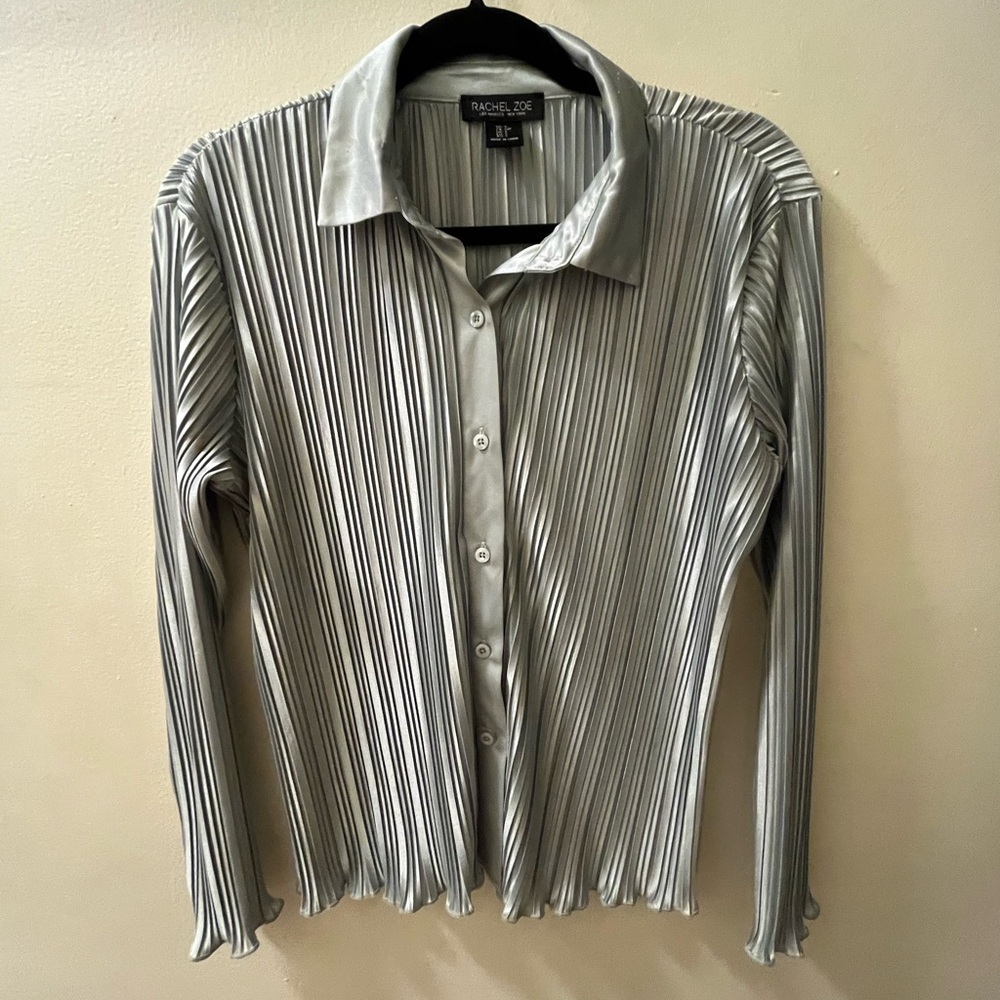 Rachel Zoe Metallic Baby Blue Rippled Button-Down Shirt